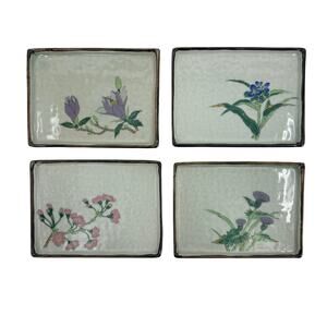 Set of 4 Vintage Japanese Floral Sushi Dishes Ceramic Rectangle Trinket Dish